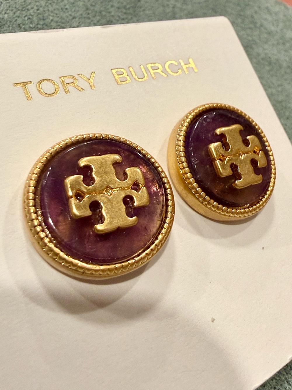 Tory Burch | Gold Plated Logo & Purple Enamel Stud Earrings